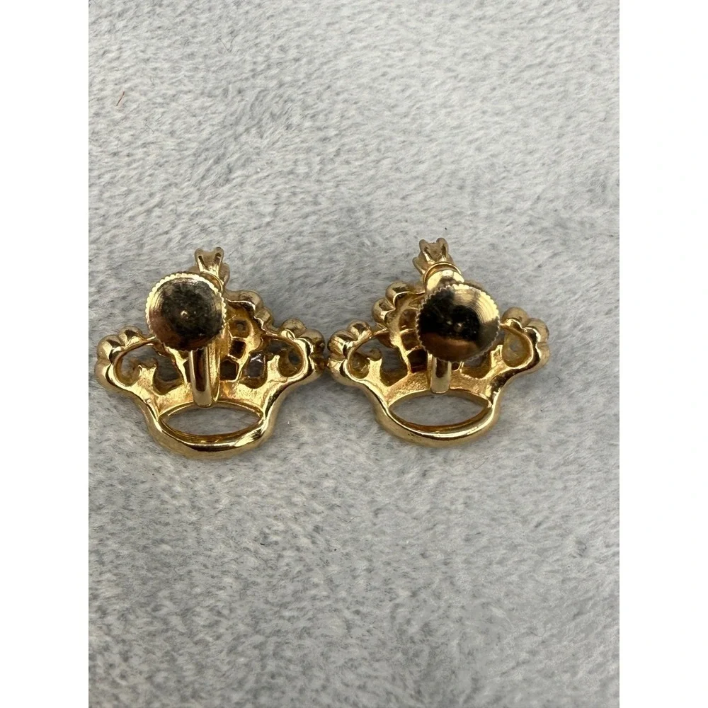 Vintage Crown Brooch Screw Back Earrings Set Rhinestone Pink‎